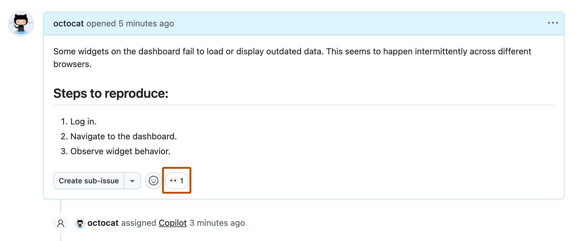 Screenshot of an issue assigned to Copilot. Copilot has left an eyes icon reaction.